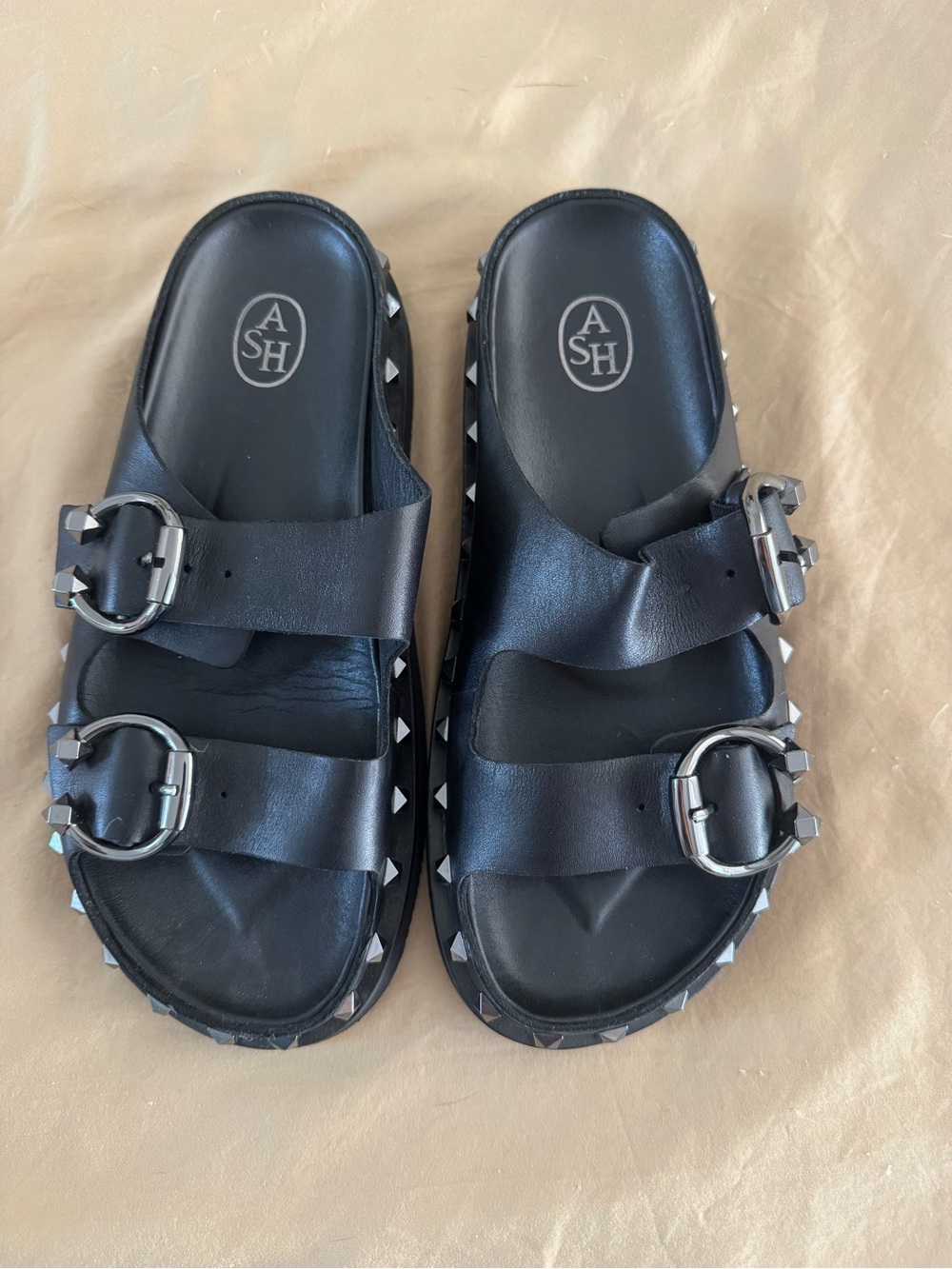 Ash Black Studded Double-Buckle Slide Sandals - Picture 3 of 5